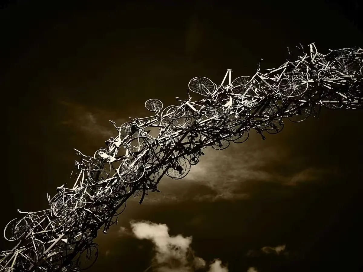 Part of an arch made of bicycles