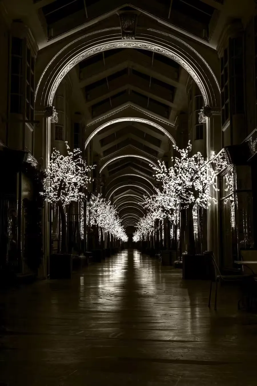 An empty arcade at night