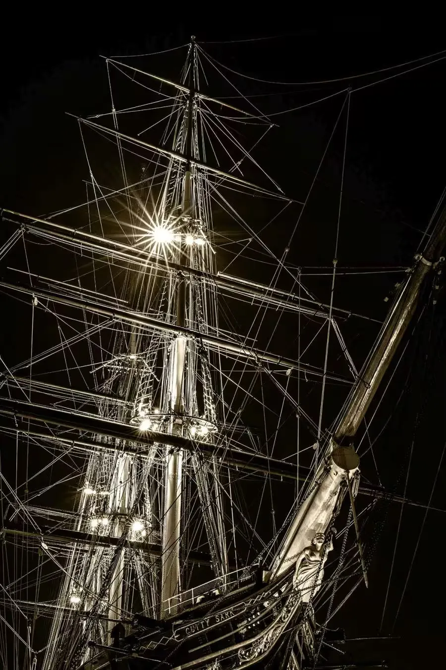 Cutty Sark ship from a front-side angle