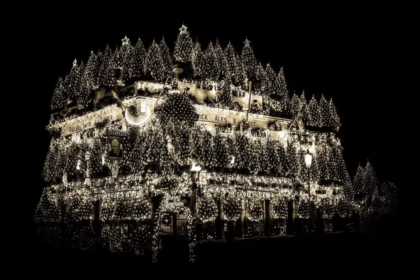 A pub covered in Christmas lights